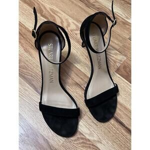 Stuart Weitzman Women’s Black Suede Heeled Ankle Strap Sandals 8.5